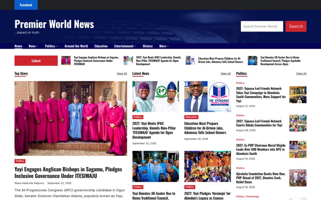 Screenshot of the Premier World News website